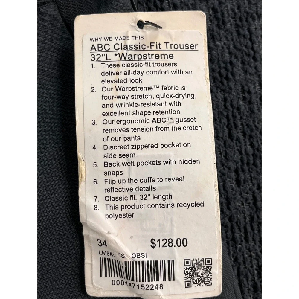 Lululemon ABC Classic-Fit Trouser 34x32 Warpstreme Obsidian Grey LM5ALTS